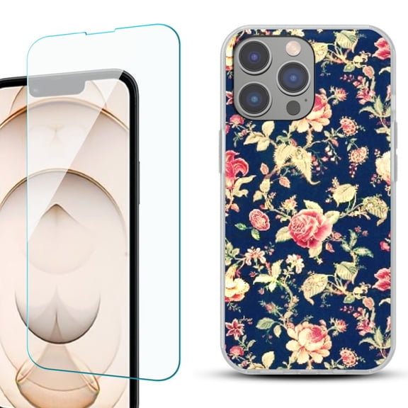 Slim-Fit Gel TPU Phone Case for iPhone 14 Pro, with Tempered Glass Screen Protector, by OneToughShield ® - Floral Garden