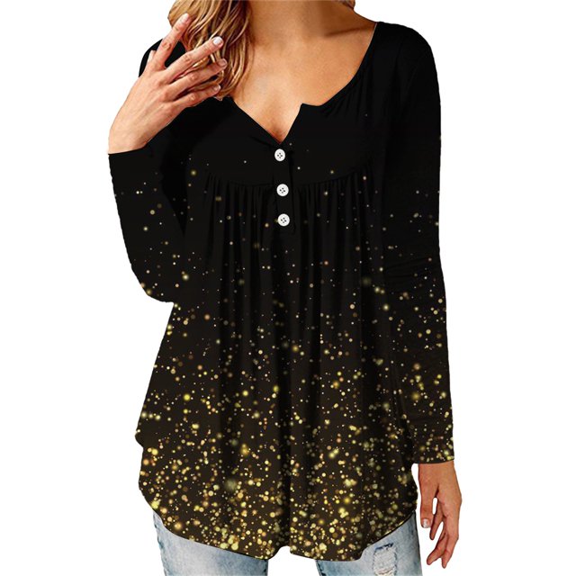 Gibobby Playera De Algodón Camiseta de manga larga con botones estampados informales de manga larga para mujer(Dorado, M)