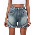 thumbnail image 2 of Women'S Mid Rise Denim Shorts Rivet Studded Ripped Frayed Raw Hem Hot Short Jeans Blue L, 2 of 10