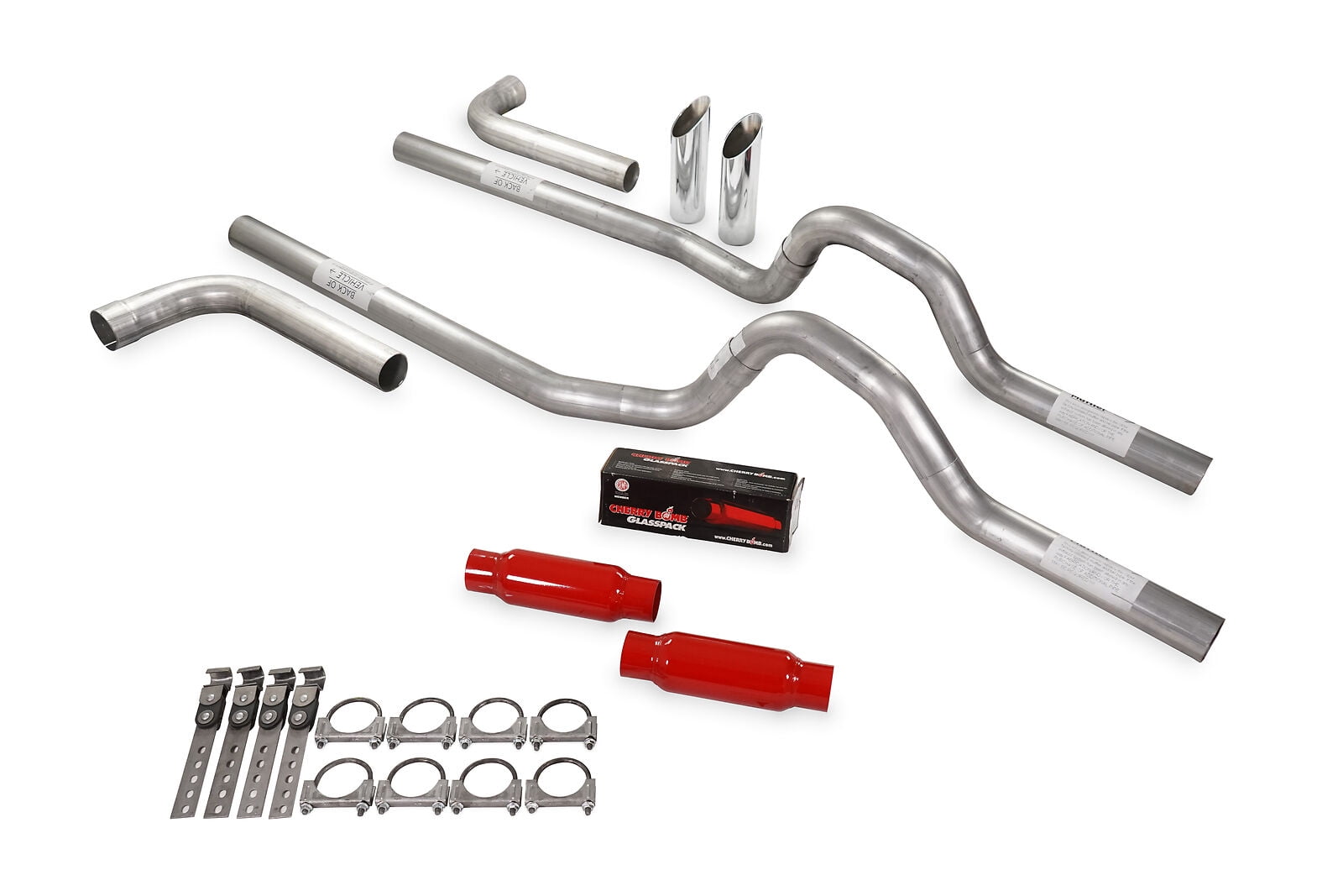 Dual Exhaust Kit 3" Cherry Bomb Glasspack Side Exit SW Tips 8086 Ford