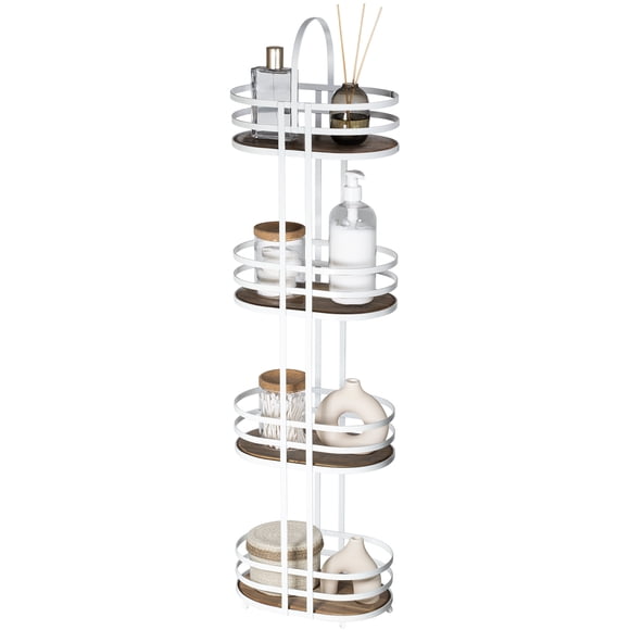 Mueble Para Baño Estantería Almacenamiento Para Baño de 4 Niveles Organizador De Baño Metalico Blanco Mate con Madera Acacia