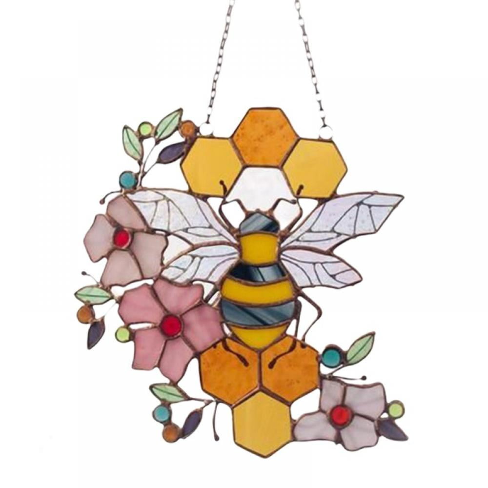 ZZFI Bumble Bee Window Hangings Decoration for Sun Catcher Ornament,Stained Glass Honeycom,Stained Glass Honeycomb With Bumble Bee Charm Suncatcher Hanging Decoration 