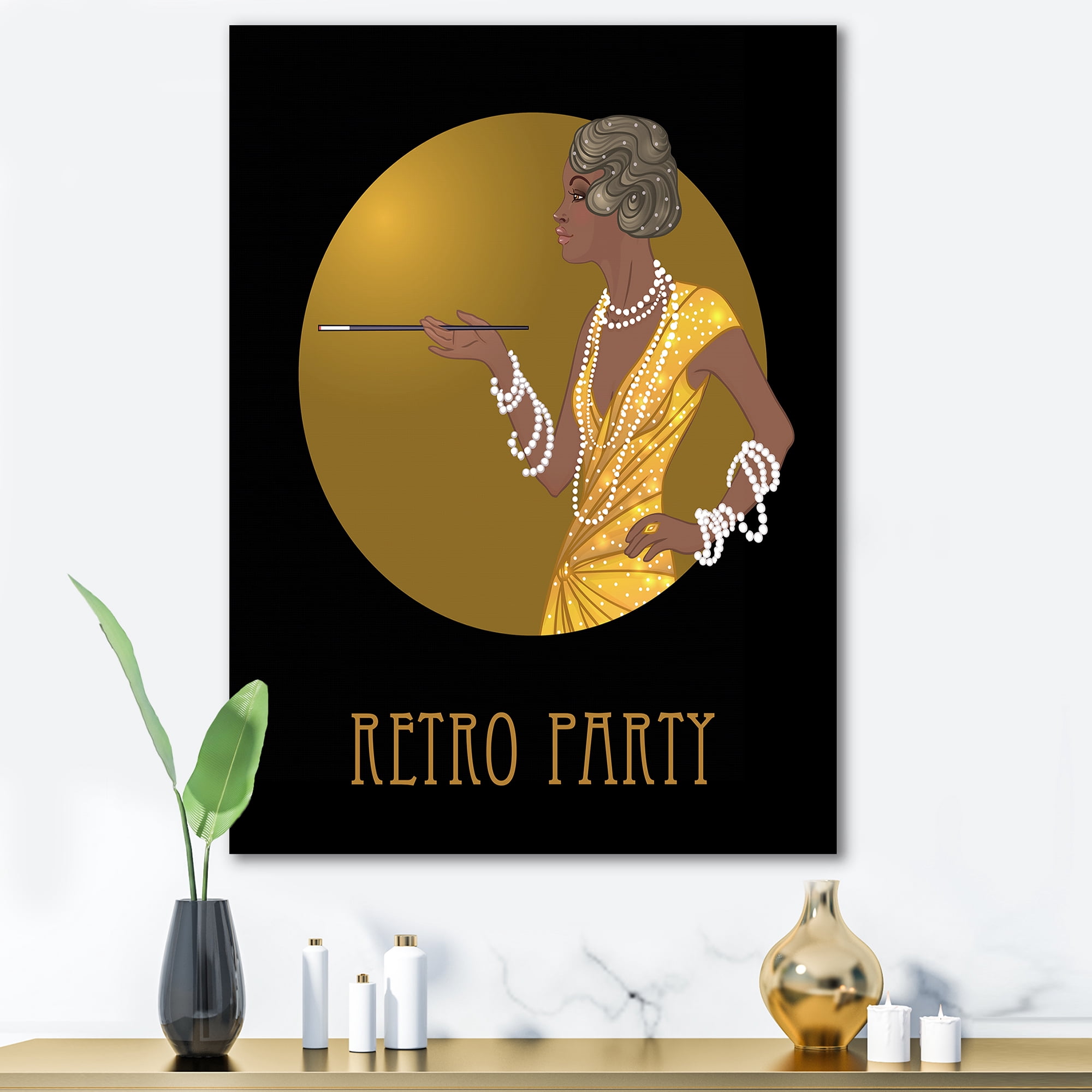 Retro Fashion Glamour Afro American Woman 16 in x 32 in Painting Canvas Art Print, by Designart