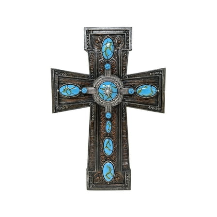 Turquoise Oval Gem Resin Wall Cross | Rustic Southwest Inspired Cross with Leaves and Scroll Design | Religious Home Decor | Christian Hanging Wall Art