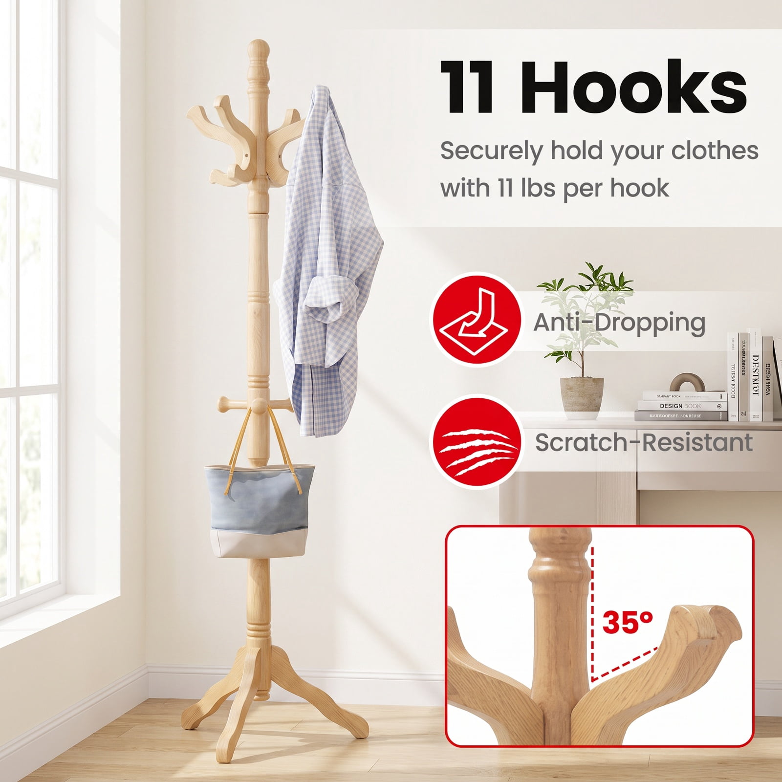 Furnibear Solid Wood Hall Tree Coat Rack with 11 Hooks and 3 Height Options for Entryway and Hallway and Office, Natural
