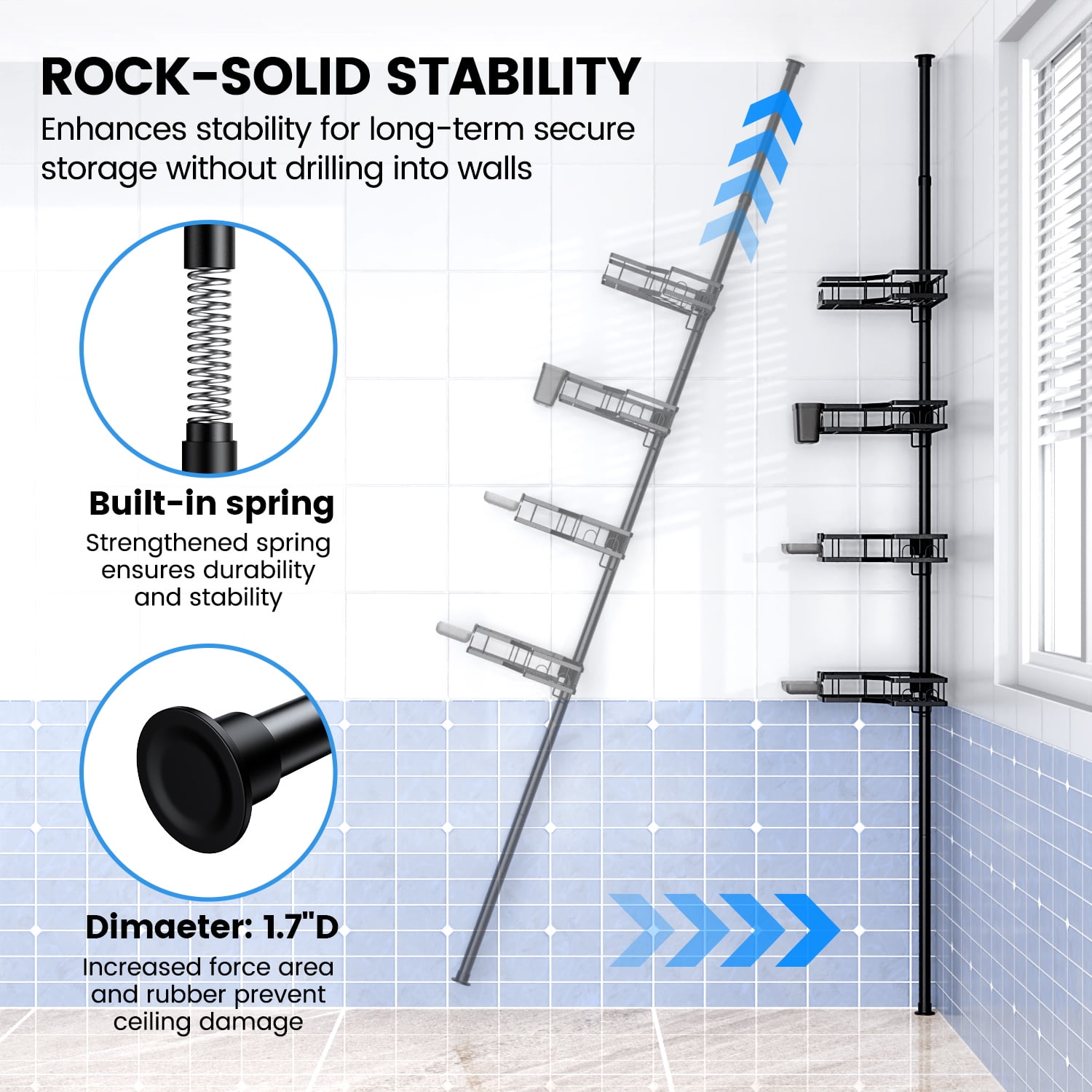 TINANA Shower Caddy with Tension Pole: 4 Tier Adjustable L-shaped Corner Shower Organizer for Bath Essentials, 43.5 to 120 Inch, Black