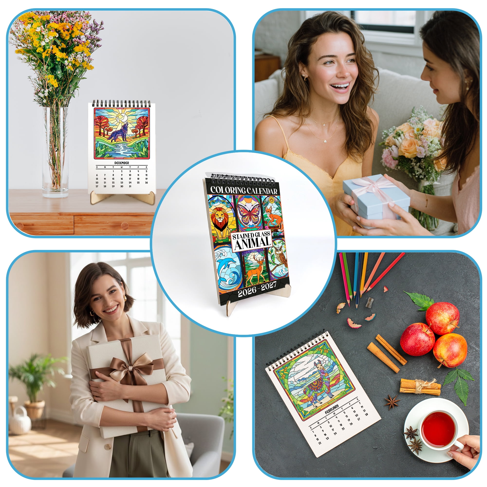 Stained Glass Animals Coloring Desk Calendar 2026–2027, A5 Wooden Cover Planner with 26 Easy Coloring Pages for Adult Relaxation, 24 Month Desktop Calendar with Stand, Gift for Family & Friends
