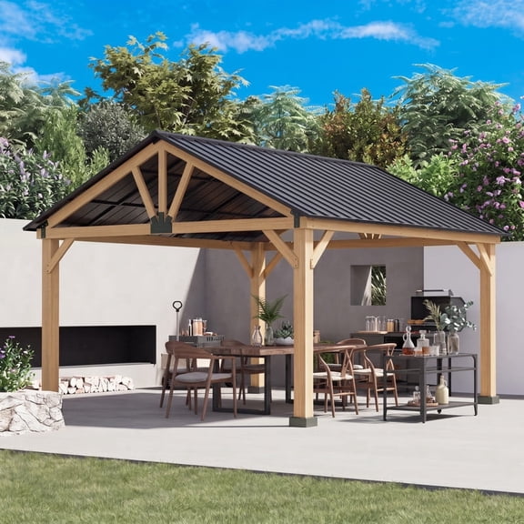 MeetLeisure 13' x 15' Cedar Solid Wood Patio Hardtop Gazebo with Black Steel Gable Roof for Patios Lawn Backyard, Black