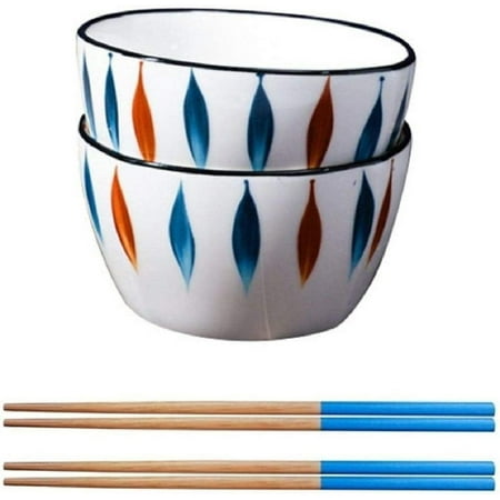 

Porcelain Ceramic Rice Bowl and Chopstick - Microwave and Dishwasher Safe Set of 2 - Ideal For Dessert Snack Cereal Soup Noodle in Gift Box