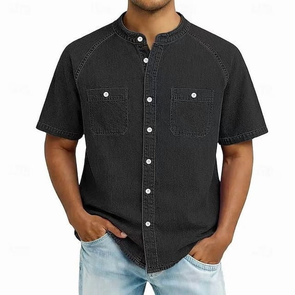 Blmnix Big And Tall Shirts Men T Shirt Oversized Denim Shirt Guide Tshirts Black Short Sleeve Button Down Jewel Neck Tee Shirts Mens,L