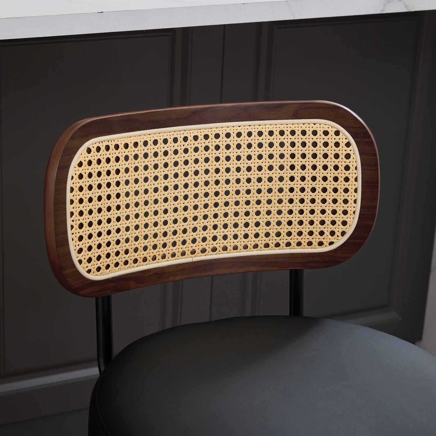 Demi Bonn 35" Swivel Bar Stools Set of 2 with Upholstered Faux Leather, Rattan Back & Bentwood Legs, Counter Height Stools for Kitchen or Bar Seating, Black