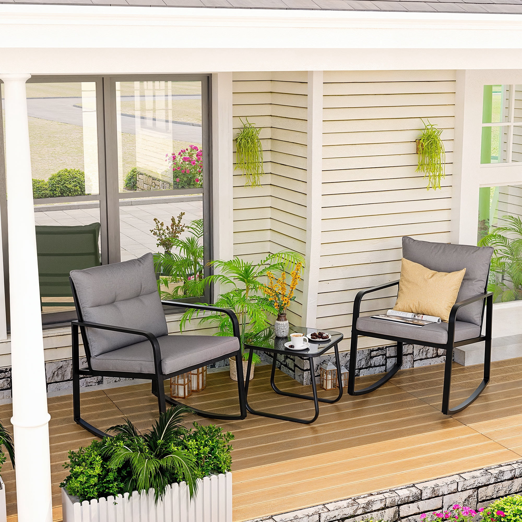 Patio Furniture Set, Rocking Bistro Set Chair with Coffee Table for Balcony, Backyard, Gray