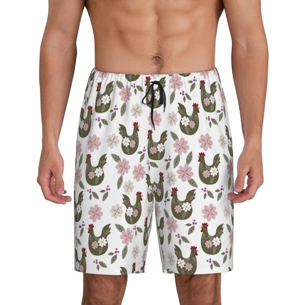 Balery Flowe Rooster Pantalones cortos de pijama de punto de algodón para hombre con cinturilla y bolsillos-Small