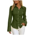 thumbnail image 2 of SSZMDLB Women Long Sleeve Collared Button Down Blouse Casual Slim Fit Tunic Top Soft Knit Fall Winter Fashion Work Outfits Dressy Elegant Tops, Army Green S, 2 of 7