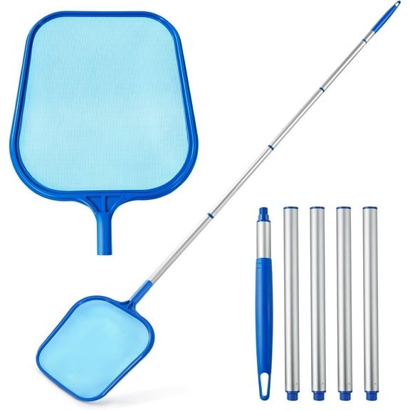 Swimming Pool Skimmer Net, Leaf Rake Net with 5 Section Telescopic Aluminum Pole for Fast Cleaning Ponds, Hot Tub