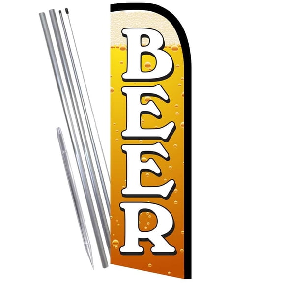 Vista Flags Beer (Gold) Premium Windless Feather Flag Bundle (11.5' Tall Flag, 15' Tall Flagpole, Ground Mount Stake) Made in The USA 841098152093