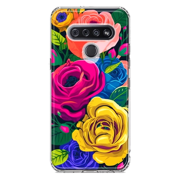 MUNDAZE LG K51 Vintage Pastel Abstract Colorful Pink Yellow Blue Roses Double Layer Phone Case Cover