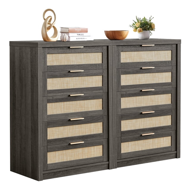 OAKHAM Commode 5 Tiroirs, Grand Commode en Rotin pour Chambre Salon, Ensemble de 2, Chêne Minuit