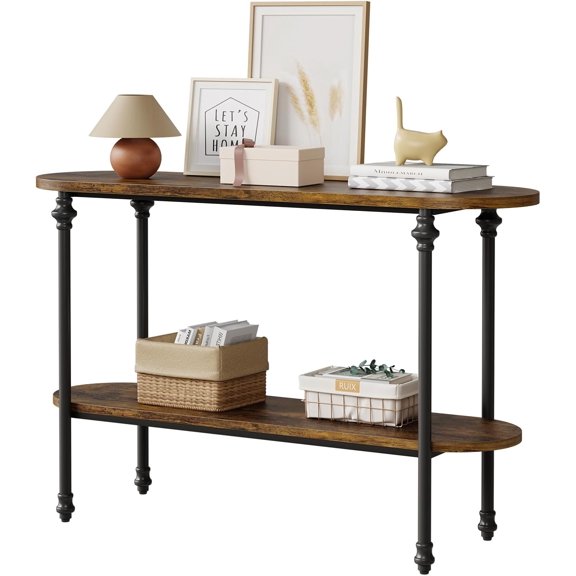 Hetoy Brown 43.3" Entryway Table - Sturdy Console Table with 2-Tier Storage, Versatile Sofa Table for Living Room, Hallway, and Foyer - Elegant MDF and Metal Design for Stylish Home Decor