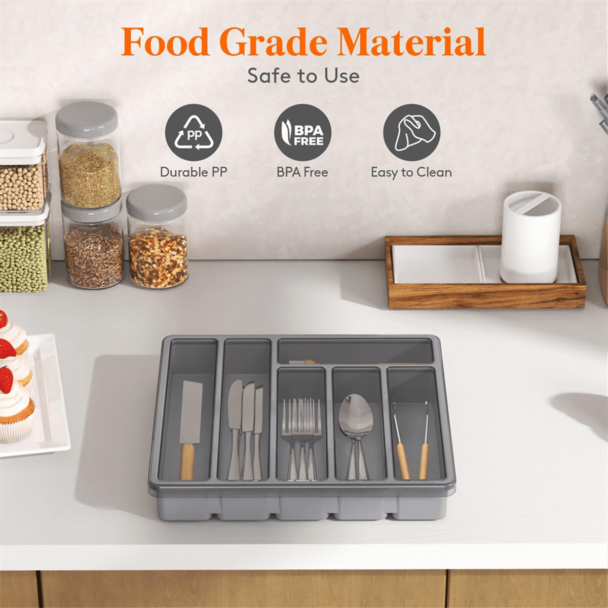 Silverware Organizer with Lid,Covered Utensil Tray for Kitchen Drawer and Countertop, Plastic Cutlery and Flatware Gray