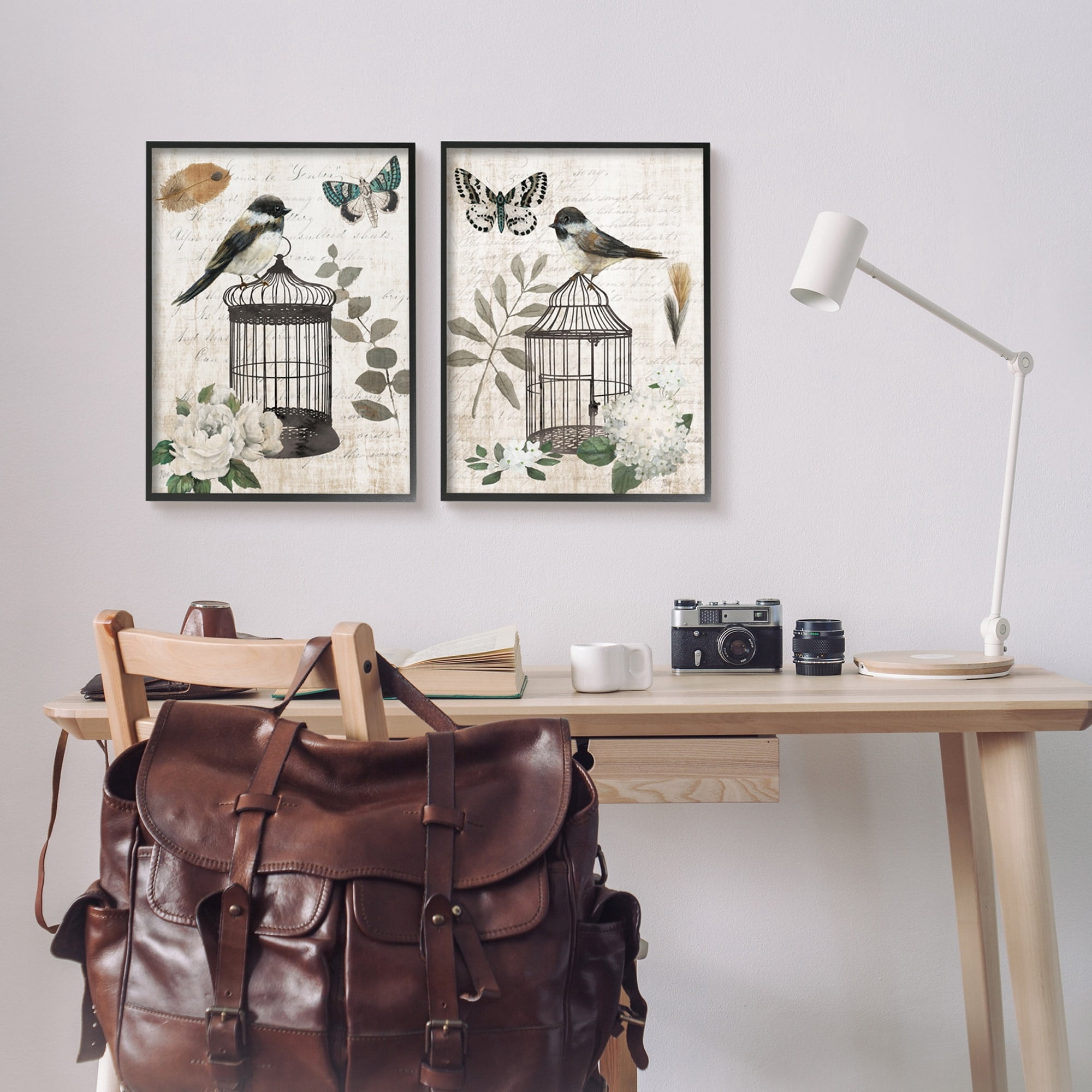 Stupell Industries Vintage Perched Bird Cage Butterfly Timeless Cursive Graphic Art Black Framed Art Print Wall Art, Set of 2, Design by Nan