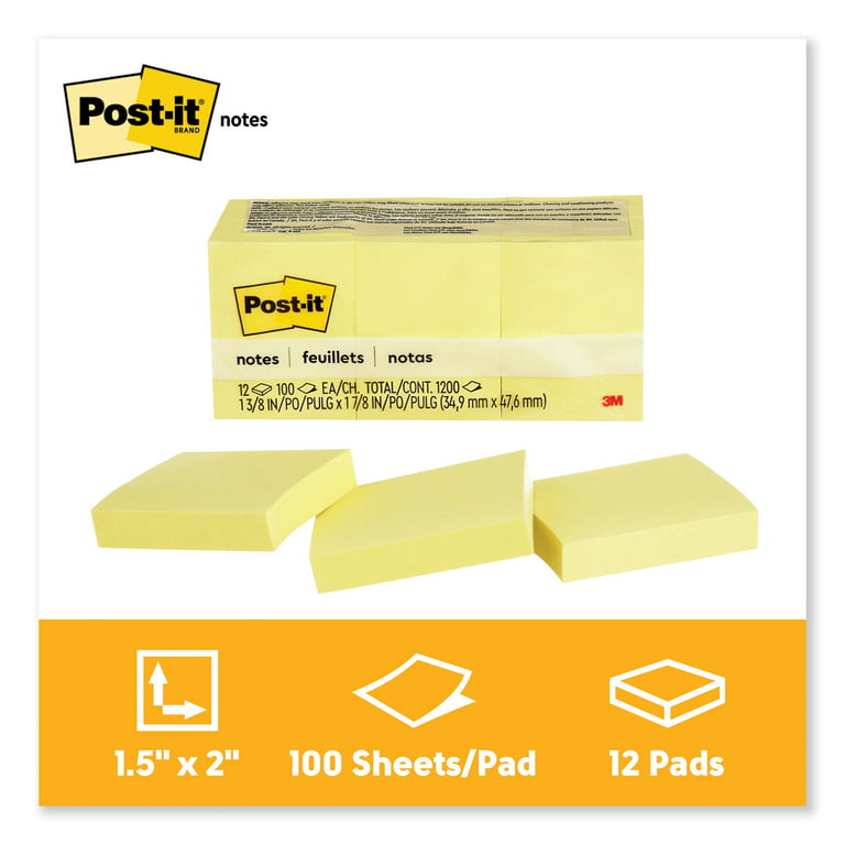  Post-it Mini Notes, 1 3/8 x 1 7/8 in, 12 Pads, Canary Yellow,  Clean Removal, Recyclable : Sticky Note Pads : Office Products