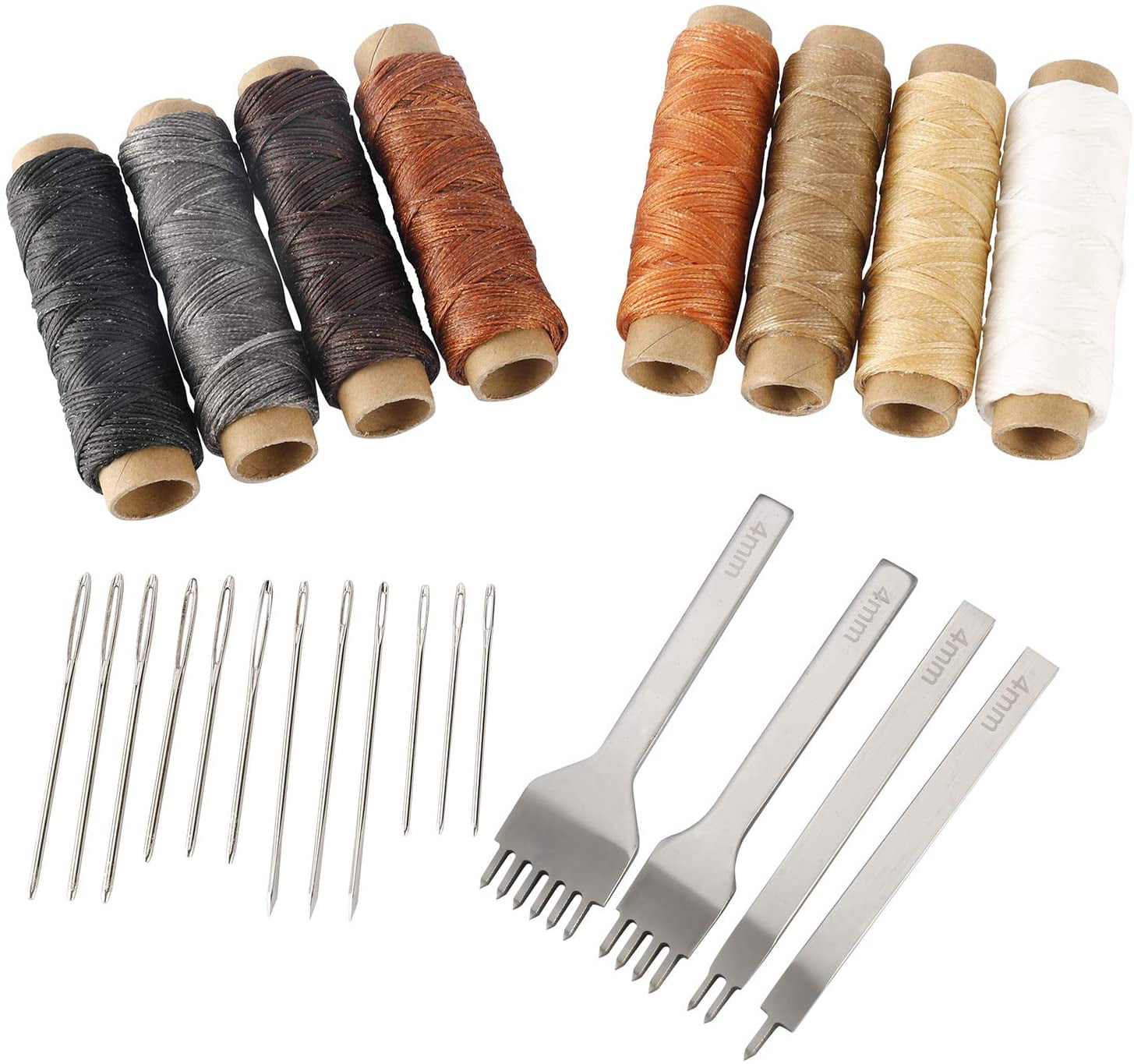 24 Pcs Leather Sewing Tools Stitching Pouch Kit with 4mm Prong Punch Stitching Chisel Waxed Thread and Large-Eye Stitching Needles for Beginner Leather Sewing Working Crafting Projects