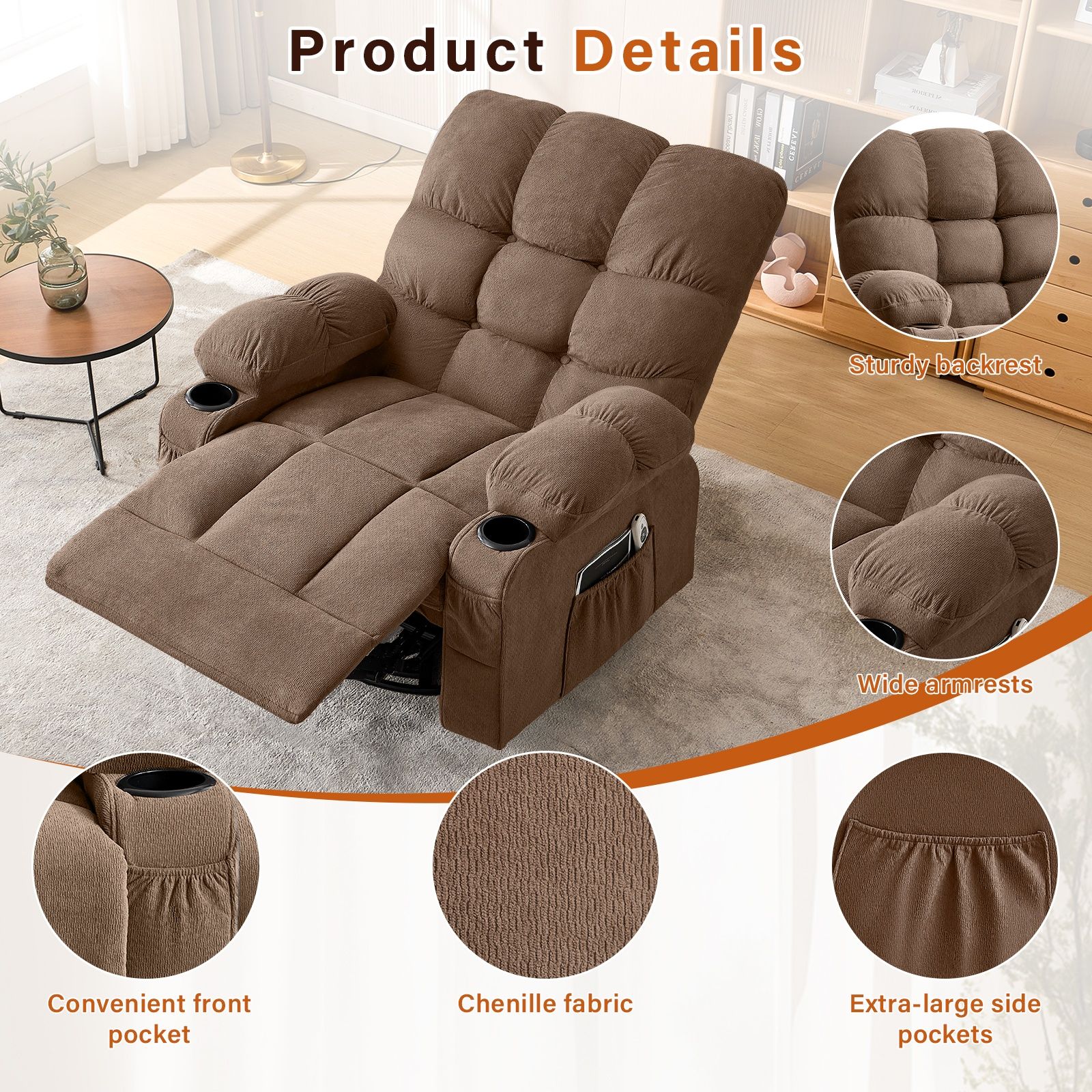Alvantor Swivel Rocker Recliner Chair with Massage & Heat Single Rocker Sofa with Cup Holders for Bedroom Home Theater Brown