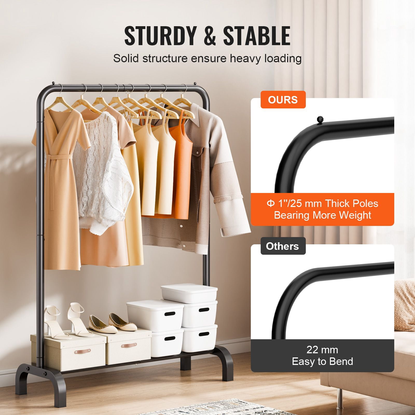 Garment Rack with Bottom Storage Shelf, Heavy-Duty Carbon Steel, 1" Thickened Pipe, 4 Anti-Slip Pads, for Bedroom Laundry Room Display