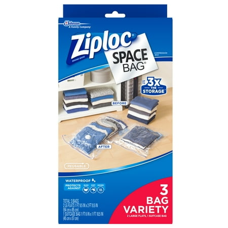 Ziploc Space Bag 3 count Variety Pack (2 Large Flat Bags, 1 Travel Bag)