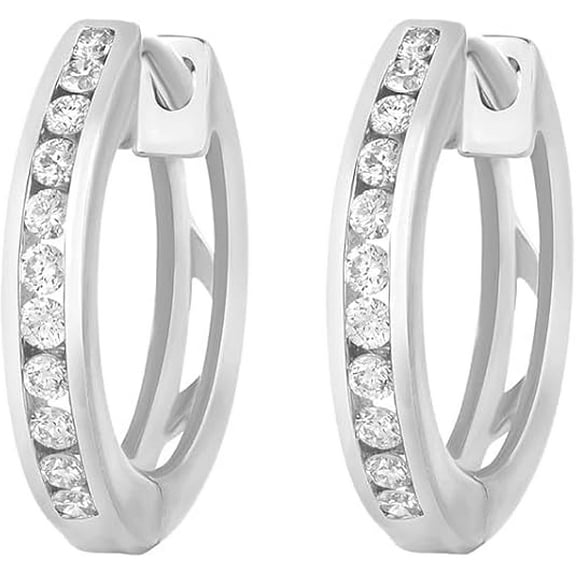 Channel Set Hoop Earrings 0.25 Carat Round Cut Moissanite in 14K White Gold Plated 925 Sterling Silver (VVS1-VVS2 Clarity, D Color)