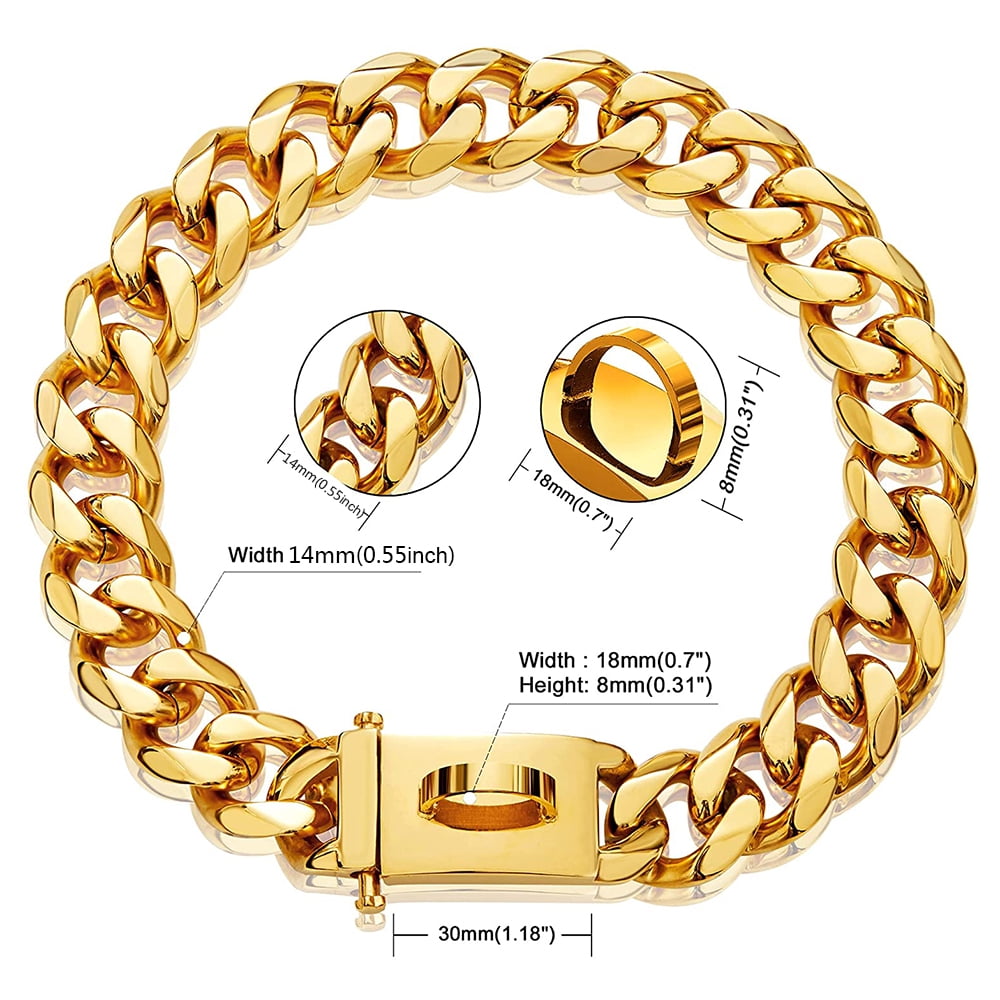  New Gold Chain Dog Collar with Bling Cubic Zirconia Secure  Clasp,15MM Strong Stainless Steel Cuban Link Chain Collars,Luxury Necklace  Walking Collar for Small Medium Dogs : Pet Supplies