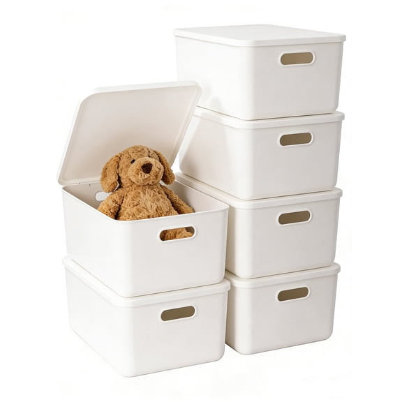 6Pack 7.8QT White Plastic Storage Bin With Lid, 11.8 in x 8.1 in x 8.1 in