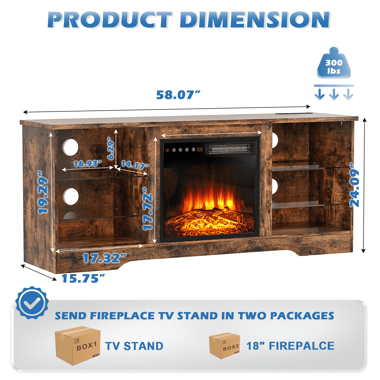 Waleaf Fireplace TV Stand with 18'' Fireplace for TVs up to 65 inch, Two Adjustable Glass Shelves
