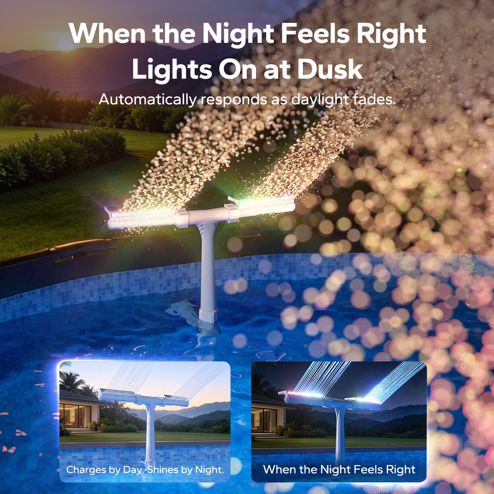 POOLHACKER Solar Pool Fountain with 10-Color LED Lights, Auto Dusk Sensor & Timer, Dual-Head Adjustable Spray for Above & Inground Pools