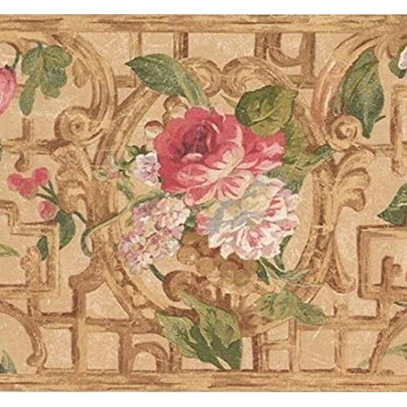 Concord Wallcoverings Wallpaper Border Vintage Floral Pattern Flowers Golden Fence Grape Berries for Cottage Farmhouse, Brown Green Red Pink Purple, 8.25 Inches by 15 Feet 686511