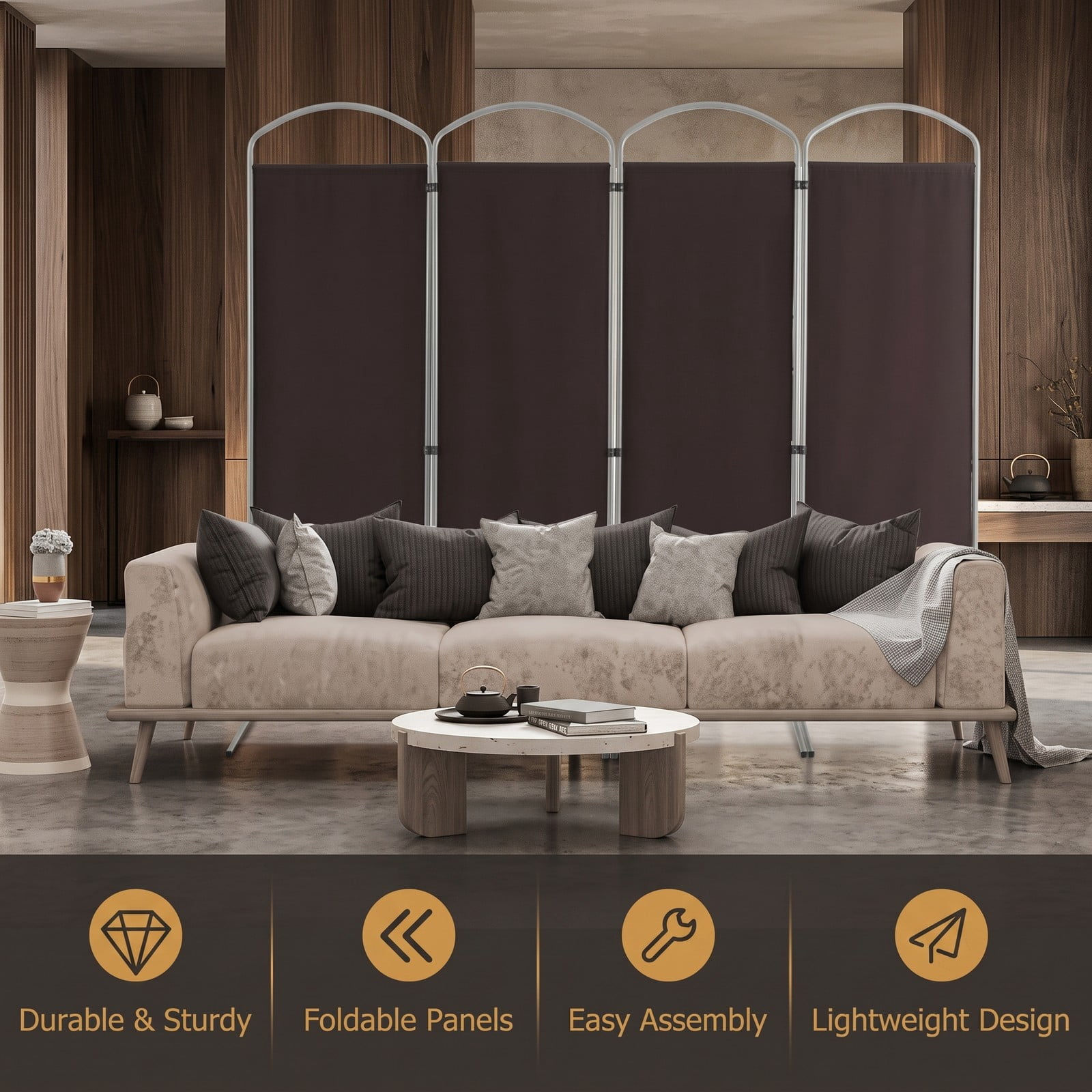 ALPULON 6.2Ft Folding 4-Panel Room Divider Freestanding Privacy Screen Partition for Home Office Living Room Bedroom, Polyester Fabric with Metal Base, Brown