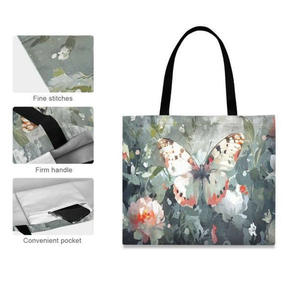Canvas Tote Bag for Women Girls Design Print Butterfly on Floral Tote