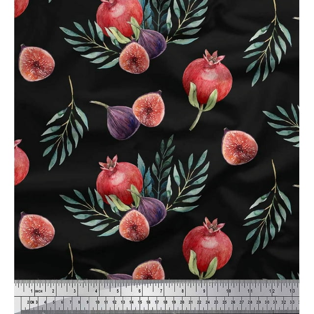 Soimoi Black Modal Satin Fabric Pomegranate & Fig Fruits Print Sewing Fabric Yard 42 Inch Wide