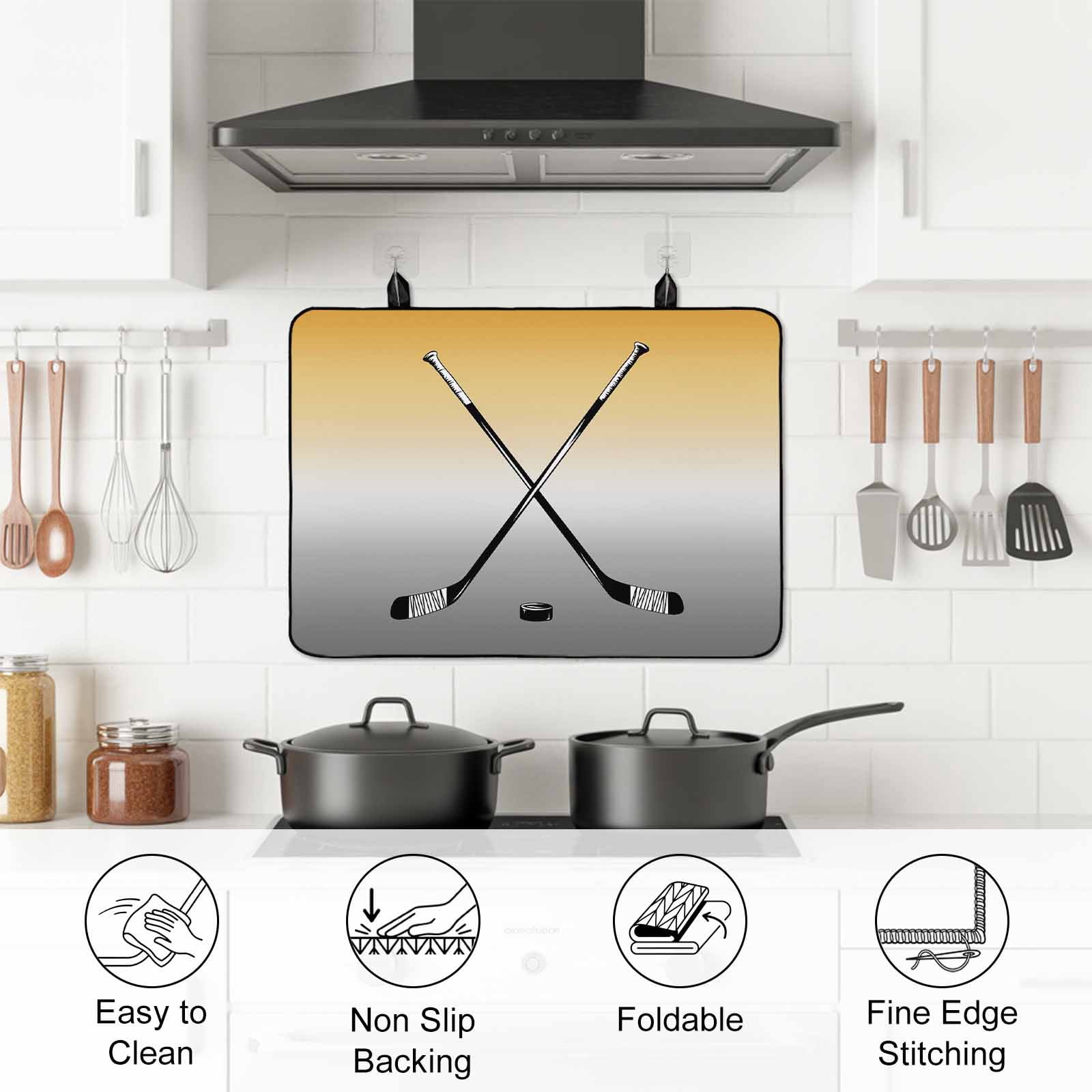 Yellow Gray Ombre Stove Top Cover for Electric Stove, Heat-proof & Non Slip Glass Top Stove Cover Protector, Black Hockey Sticks Minimalist Style Kitchen Flat Cooktop Rubber Mat 24x21 Inches