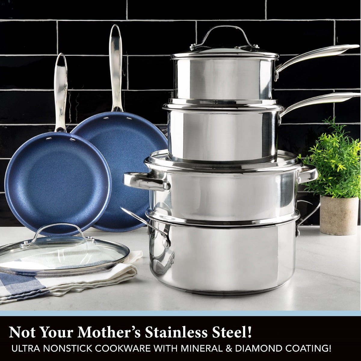 Granitestone Pro Stainless-Steel Pots & Pans Set Nonstick, Tri-Ply Base, 10 Piece Blue Nonstick Cookware Set includes Frying Pans, Stock Pots & Skillets, Dishwasher and Induction Safe