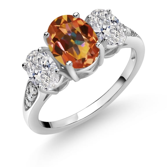 Gem Stone King 10K White Gold Ecstasy Mystic Topaz, White Lab Grown Diamond Engagement Ring for Women | 2.34 Cttw | Oval 8X6MM | Gemstone November Birthstone | Size 8