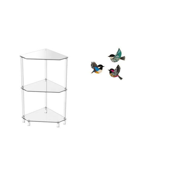 Siruishop Modern Wooden Corner Table with 3 Tier Shelf and Bird Wall Art Decor for Kitchen Living Room Bathroom and Study Room Spaces