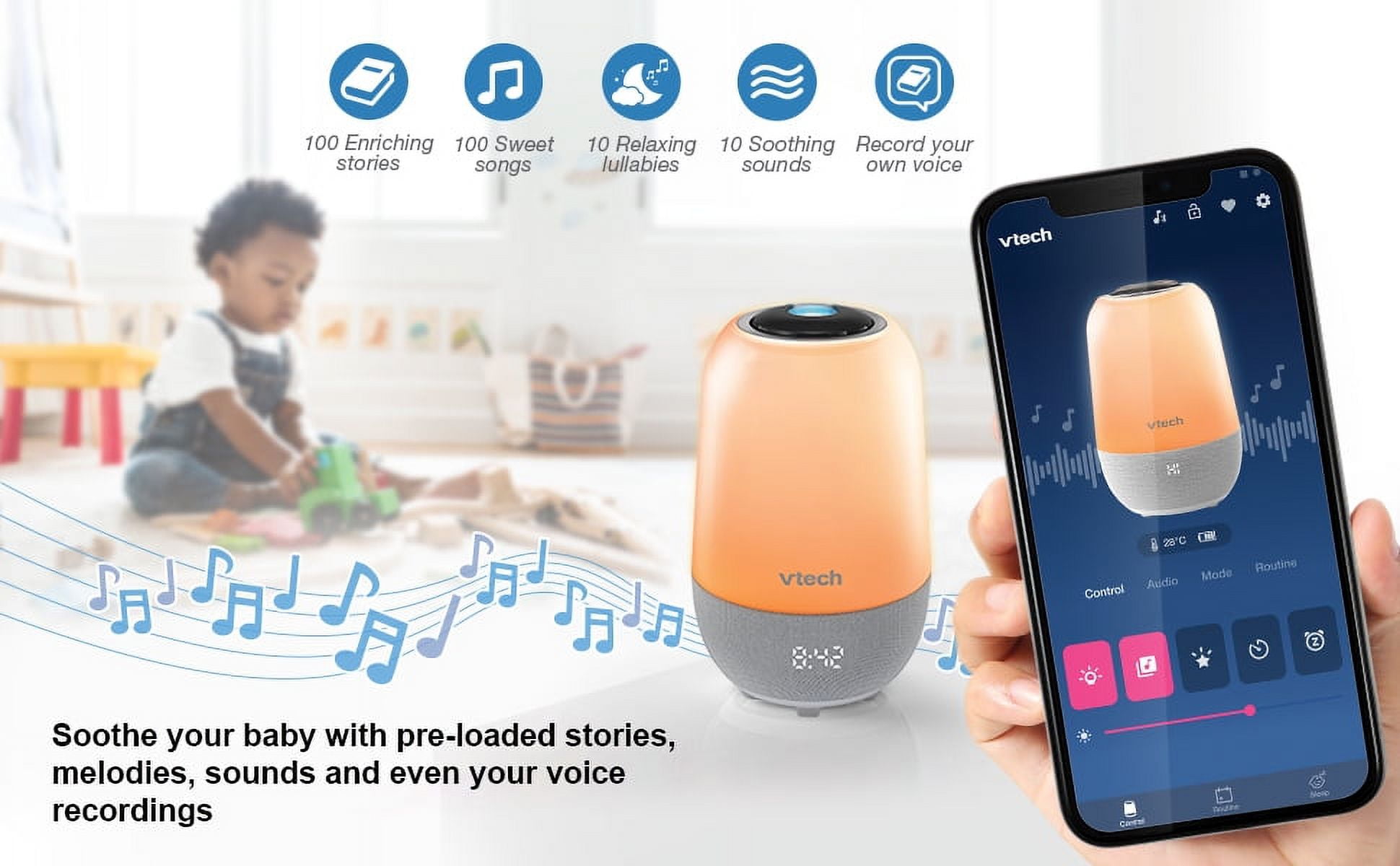 VTech Sleep Training Soother portable Bluetooth speaker includes a professional sleep training program. Soother for your infant and toddler.  BC8314 (White)