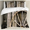 thumbnail image 3 of Barn Wood Wagon Wheel Duvet Cover Set Twin Size, Wooden Barn Door and Vintage Rusty Wheel Rustic Home Farm, Decorative 2 Piece Bedding Set with 1 Pillow Sham, Black Pale Brown, by Ambesonne, 3 of 3