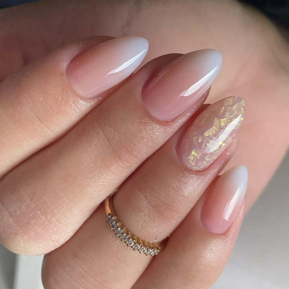 Chrome Press on Nails Short Oval Fake Nails Pearl White False Nails with Design Glossy Glue on Nails Acrylic Nails Full Cover Reusable Artificial Stick on Nails for Women Girls Manicure 24Pcs style