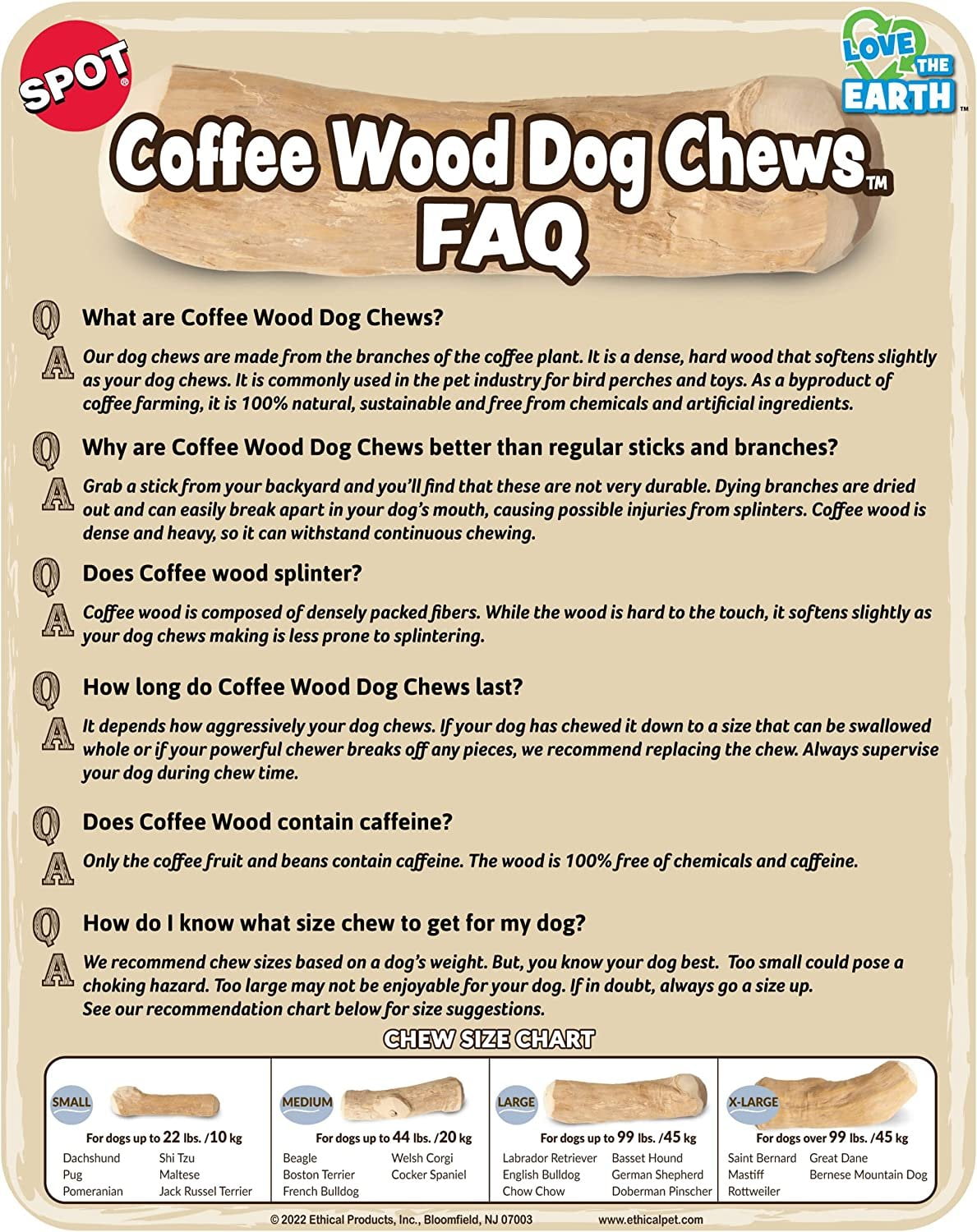 SPOT by Ethical Products - Coffee Wood Dog Chews Toy  100% Natural Sustainably Sourced  Handmade Durable Toy for Aggressive Chewers and Puppies a Great Puppy Teething Toy Fetch Toy - Extra-Large