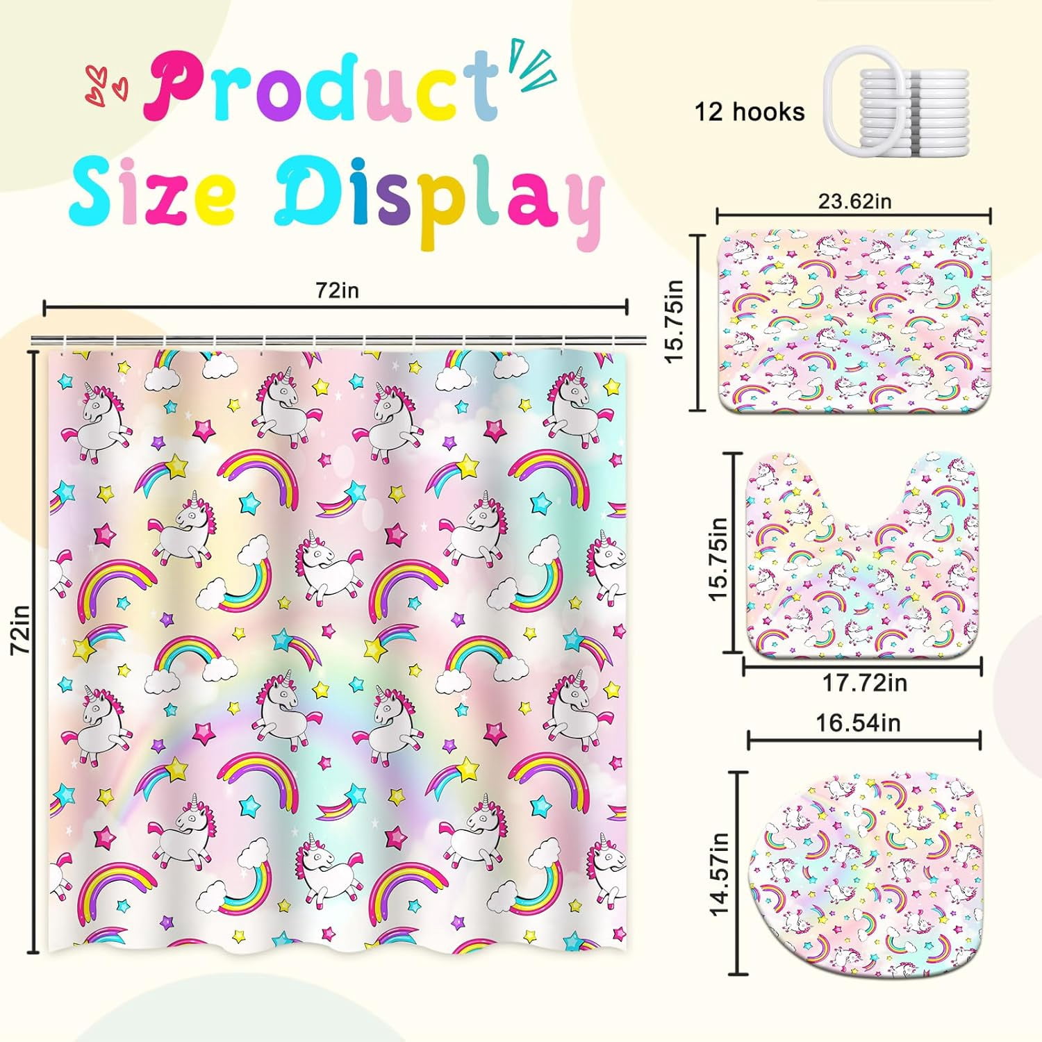 4 Pcs Kids Bathroom Set Pink Unicorn Rainbow Shower Curtain Sets with Non-Slip Rugs Toilet Lid Cover and Bath Mat Set, Kids Girl Bathroom Decor with 12 Hooks