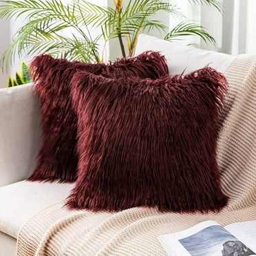Nvzi Pack of 2 Decorative Faux Fur Throw Pillow Covers New Luxury Series Style Fluffy Pillow Case Cushion Cover for Sofa Bedroom Car Burgundy 18 x 18 Inch