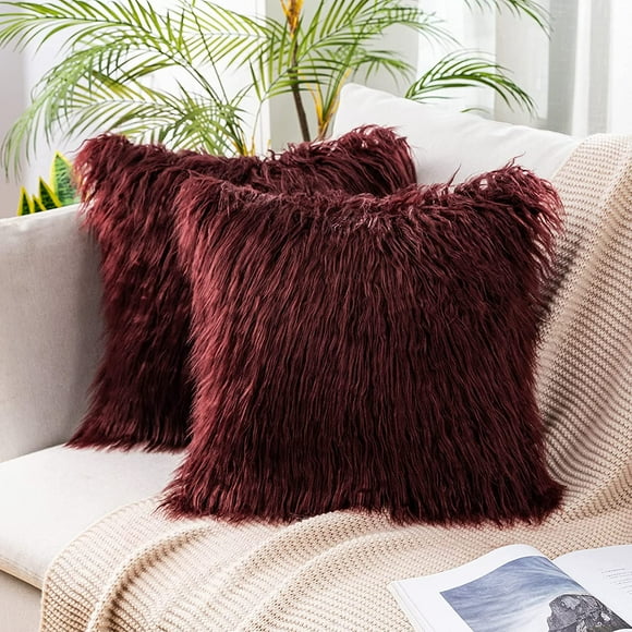 Namzi Pack of 2 Decorative Faux Fur Throw Pillow Covers New Luxury Series Style Fluffy Pillow Case Cushion Cover for Sofa Bedroom Car Burgundy 18 x 18 Inch